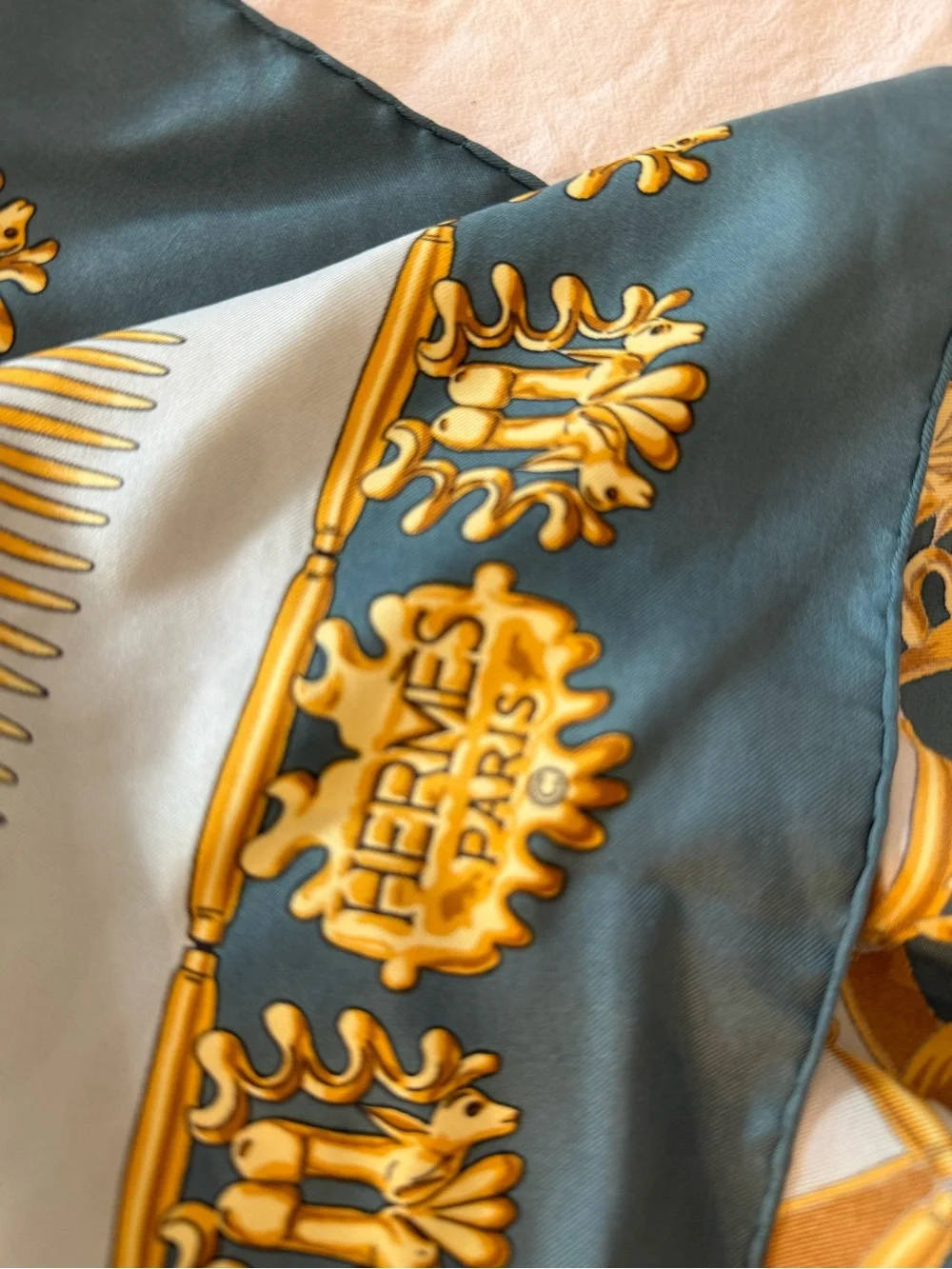 Authentic Hermès Les Cavaliers D'Or Silk Scarf 90 Teal Gold Vintage